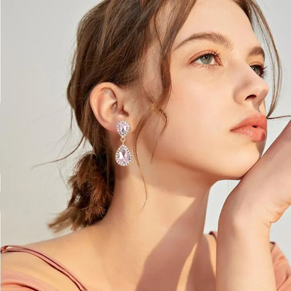 ❤️Women Pink Vintage Dangle Earrings Sparkle Crystal Bridal  Drop Formal Prom - Picture 7 of 7